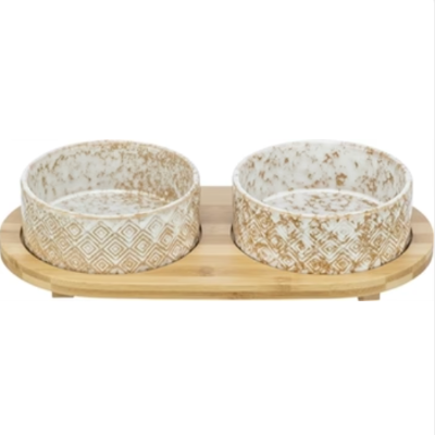 Trixie Set Futternapf / Wassernapf Keramik / Bambus Weiss / Natur